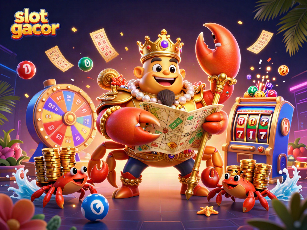 Engage with slot gacor excitement as a massive golden crab emperor rules a dynamic casino scene.